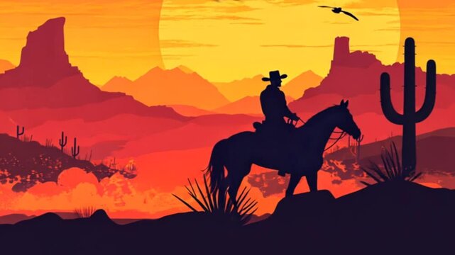 A lone cowboy rides through the desert at sunset.
