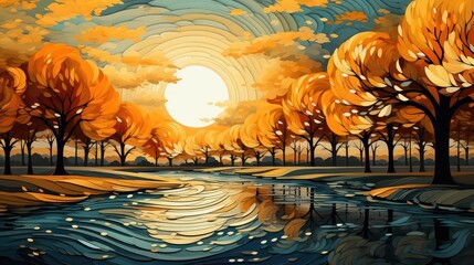 A tranquil river winds through a forest of stylized autumn trees, bathed in the golden light of a setting sun.