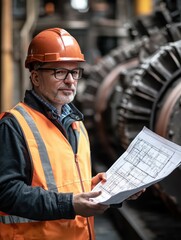 Engineer on Site with Blueprint Wearing Safety Gear
