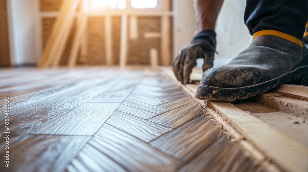 Poster a man is working on a floor with a hammer and nails