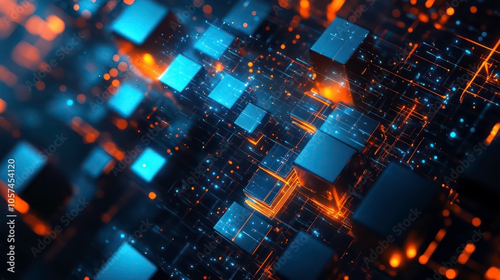 Aufkleber abstract digital landscape featuring illuminated cubes and interconnected lines.