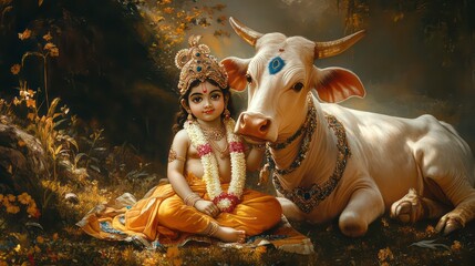 This cute little Krishna is with the revered cow, a devotional event celebrated by Indian religions such as Hinduism, Govardhan Puja, and Vasubaras. It is the Hindu festival of Krishna Janmashtami.