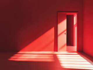 An open door in a red room with light streaming in, creating a warm and inviting atmosphere.