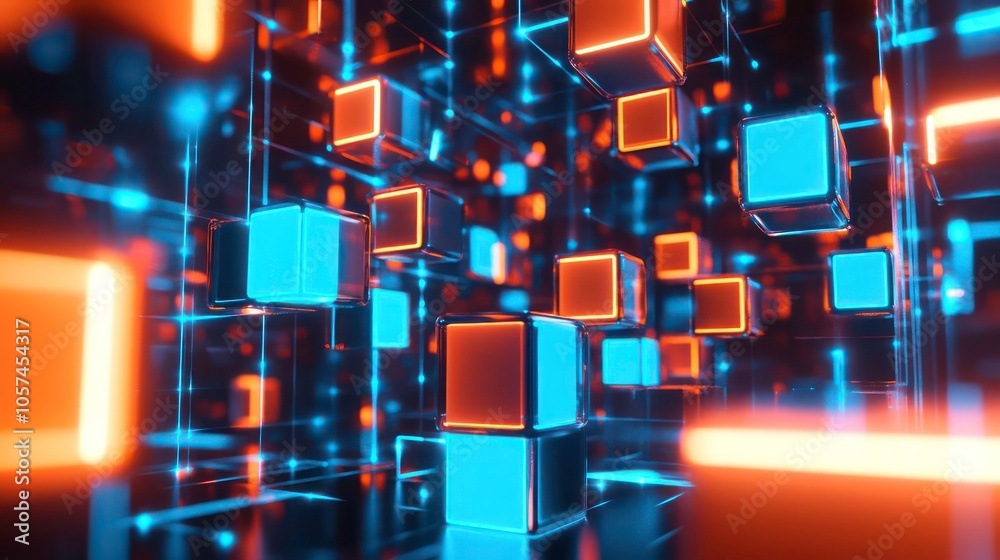 Aufkleber this futuristic and dynamic background consists of glowing blue and orange cubes.
