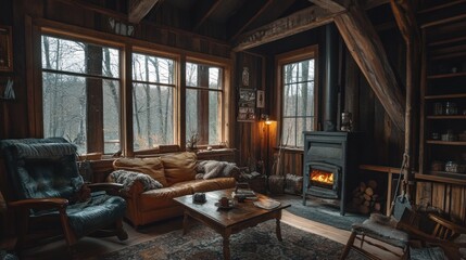Fototapeta premium Cozy Cabin Interior with Fireplace