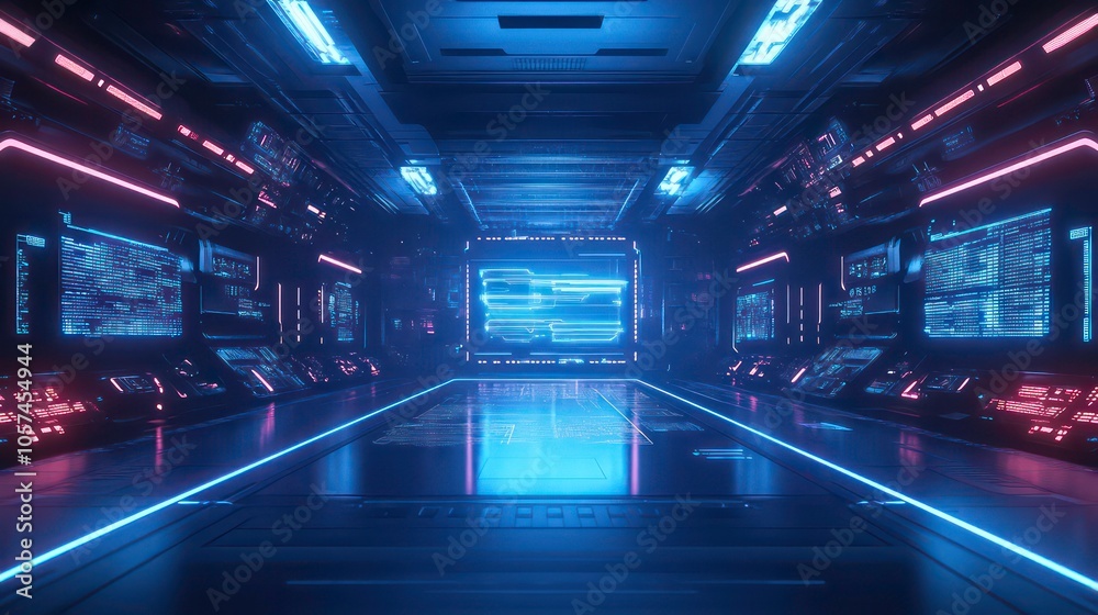 Poster Futuristic corridor with illuminated screens and advanced technology interfaces.