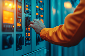 Engineer working on turbine control box at sunset, commitment to renewable energy maintenance after hours