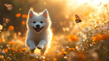 Obraz premium Animal with flower. Cute husky dog puppy running flower garden with butterfly. Surreal fantasy landscape background. Funny creative pet animal character greeting card hilarious message card wallpaper
