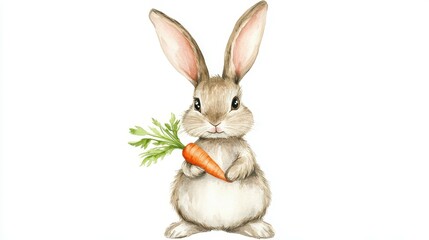 Cute Watercolor Bunny with Long Ears Holding Carrot