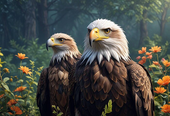 Obraz premium An eagle sits in a dense forest, carefully observing its surroundings. A perfect scene of wildlife and predators