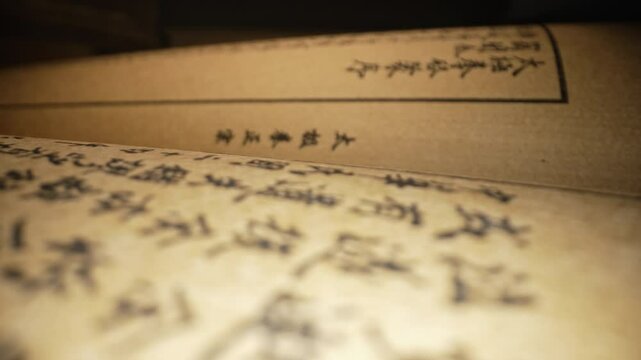 Macro slider view through pages of China old book. Chinese martial arts secret, authentic taijiquan. Close-up hieroglyphs and symbols, exploring sacred scriptures