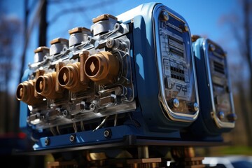 Close-up of a mechanical device with multiple valves for precise control and measurement.