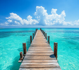 Fototapeta premium A wooden pier is in front of a beautiful blue ocean. The sky is cloudy, but the water is calm and clear.