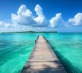 Fototapeta premium A wooden pier is in front of a beautiful blue ocean. The sky is cloudy, but the water is calm and clear.