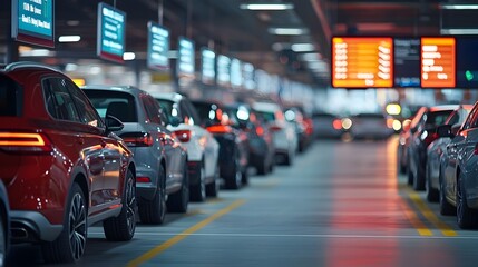 Diverse Car Rental Vehicles Parked at Airport Terminal with Digital Signage Displays