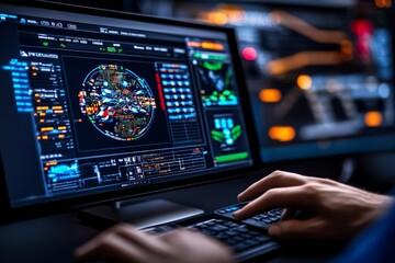High-tech control room with holographic displays and touchscreens, showing the futuristic advancement in industrial monitoring, symbolizing progress and control