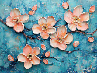 A vibrant oil painting depicting delicate peach blossoms on a branch against a textured teal background.