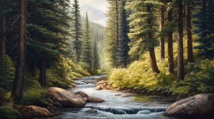Obraz premium Tranquil forest stream flowing gently through tall pine trees, creating a peaceful ambiance in nature. The serene forest stream invites relaxation with ample copy space for design needs.