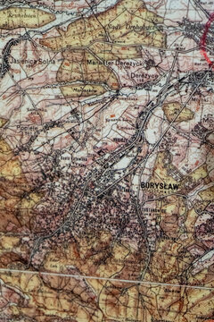 Fragment of an old map in Polish. Western Ukraine city Boryslaw. Ukraine, Truskavets - August 10, 2024