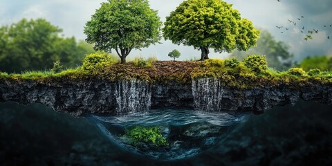 The growth of trees, the evolution of ecosystems, and mature forests signify progress. Water and protection represent key elements of sustainable community development.
