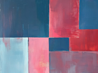 Abstract painting with blue, red, and pink colors.