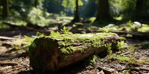 Obraz premium A moss-covered log rests amongst the dappled sunlight and green foliage of a forest floor.