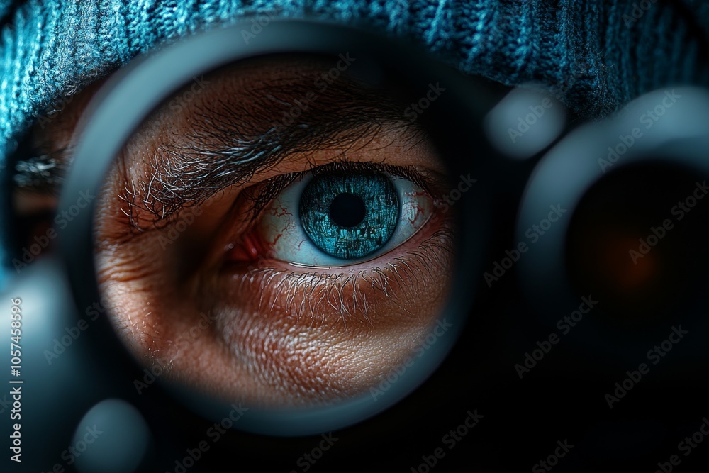 Aufkleber hyper-realistic close-up of a detectiveâ€™s focused face, with intense eyes reflecting a crime scene