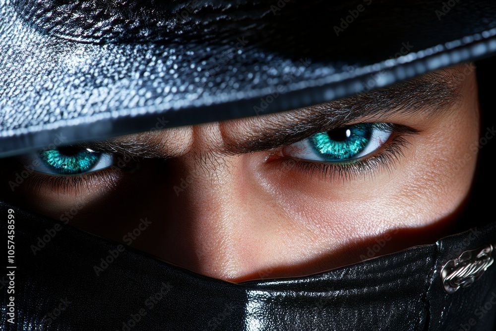 Poster hyper-realistic close-up of a detectiveâ€™s focused face, with intense eyes reflecting a crime scene