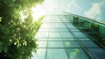 This is a sustainable green building. An eco-friendly building. A sustainable glass office building. The building has a modern design, and it is tall and has a view of the sky