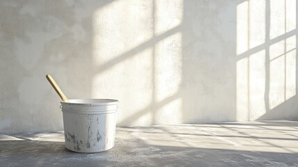 A scene from a painting project using a white bucket and paint brush placed on a clean surface.