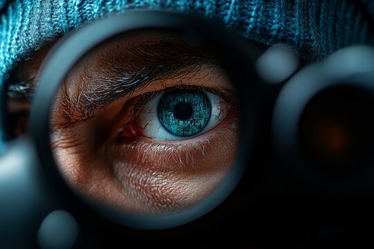 Hyper-realistic close-up of a detectiveâ€™s focused face, with intense eyes reflecting a crime scene, capturing the dedication and intensity in their work, symbolizing dedication and insight