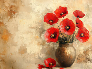 A bouquet of red poppies in a copper vase against a textured background.