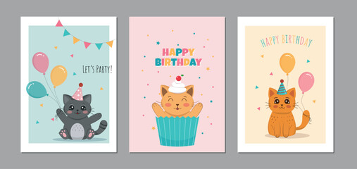 Happy birthday card set with cats, cake and balloons. Happy birthday collection. Cute vector illustration templates. Birthday party vector illustration for greeting card, invitation and prints.