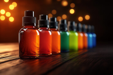 Colorful bottles of gel nail polish on wooden table background..