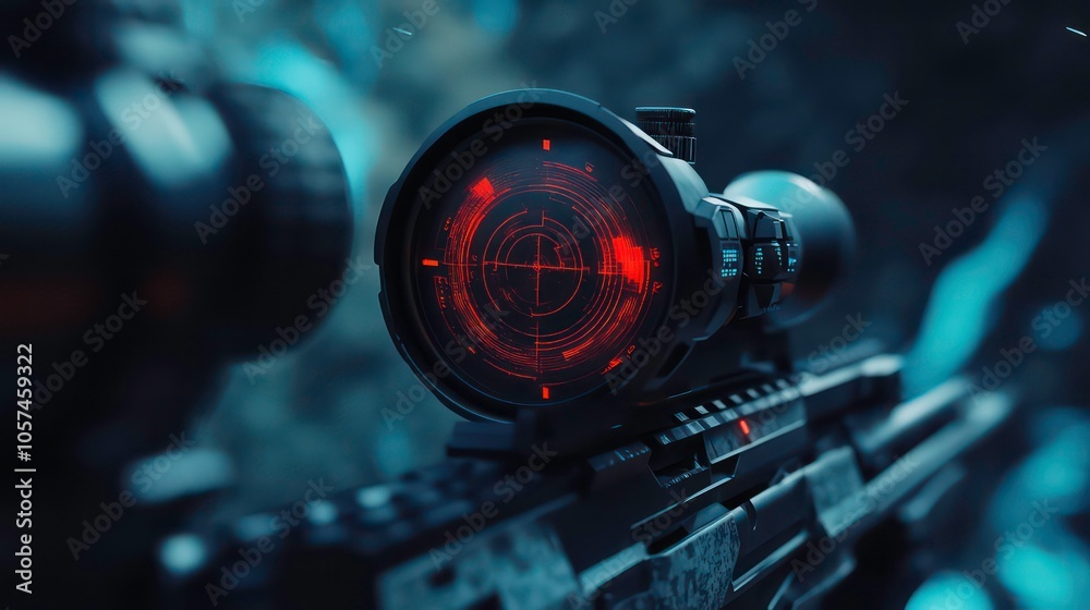 Poster Close-up of a sniper scope with a digital reticle, emphasizing precision targeting.