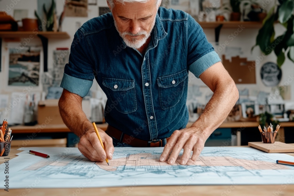 Aufkleber Hyper-realistic close-up of a large blueprint spread across a drafting table, with rulers, pencils, and intricate details in a modern architectâ€™s workspace, symbolizing precision and artistry