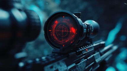 Close-up of a sniper scope with a digital reticle, emphasizing precision targeting.