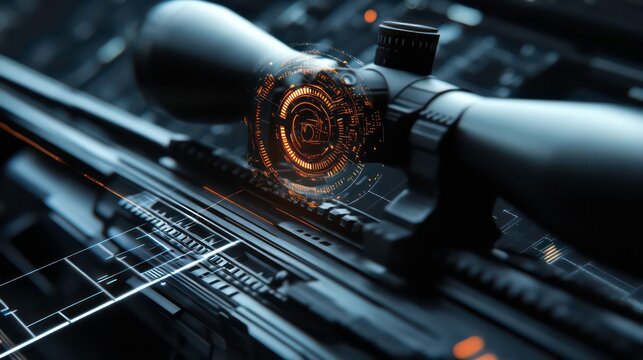 A futuristic sniper scope with digital elements, emphasizing technology and precision. - Powered by Adobe