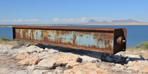 Obraz premium A rusted metal beam lies precariously balanced atop a rocky outcrop overlooking a serene blue expanse of water, suggesting a forgotten relic from a bygone era of engineering and construction.