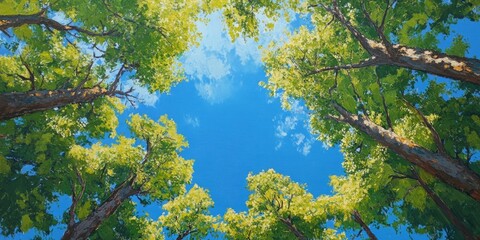 Vibrant green trees stretch beneath a bright blue sky. This embodies the essence of nature and the beauty it offers to our environment.