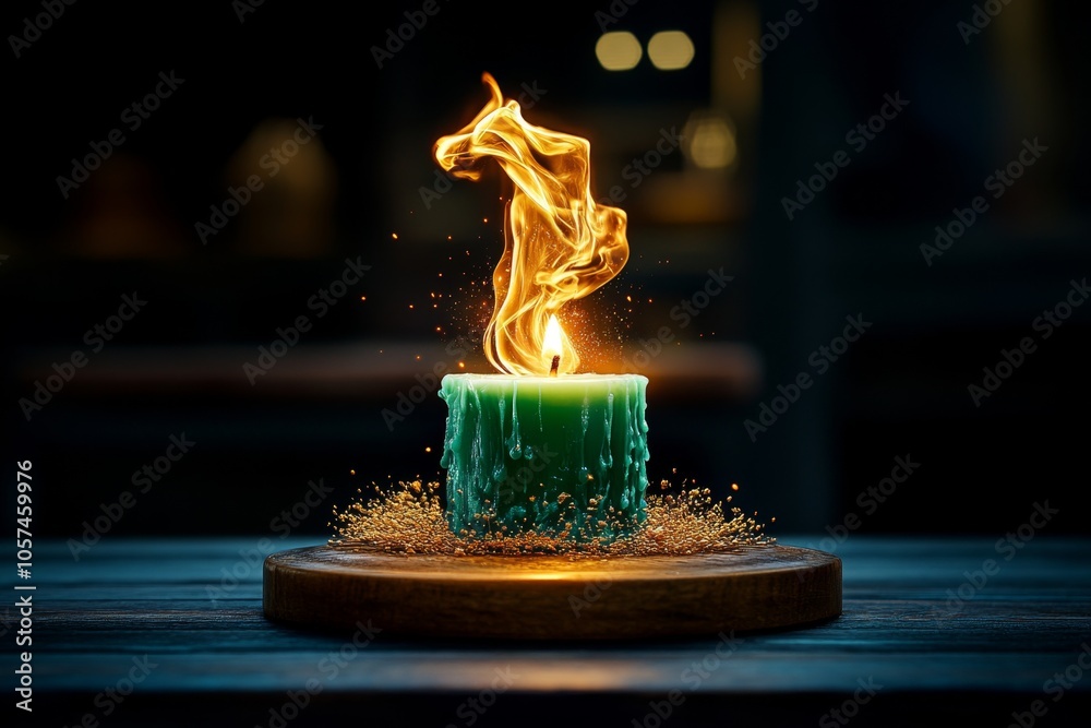 Poster Hyper-realistic image of a flame dancing on a candle wick in a dark setting, with detailed light and shadows capturing the subtle beauty of heat, symbolizing warmth and focus
