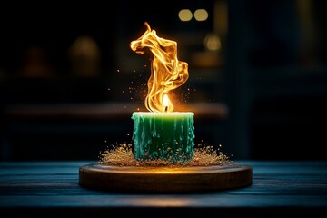 Hyper-realistic image of a flame dancing on a candle wick in a dark setting, with detailed light and shadows capturing the subtle beauty of heat, symbolizing warmth and focus