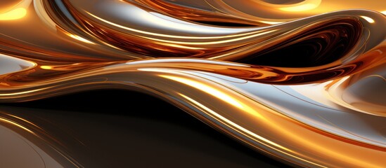 Abstract metallic waves in gold and silver tones create a dynamic visual flow.