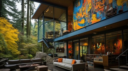 Modern home with large windows and an abstract mural on the exterior wall, overlooking a wooded landscape