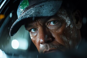 Hyper-realistic scene of a suspectâ€™s solemn expression as theyâ€™re guided into a police vehicle, capturing the emotional intensity of an arrest, symbolizing restraint and impact