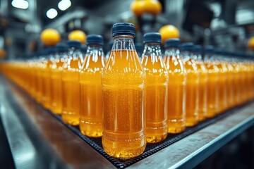 Bottles of orange drink on a production line in a factory.