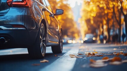 A Car Parked on a Street With Fallen Autumn Leaves