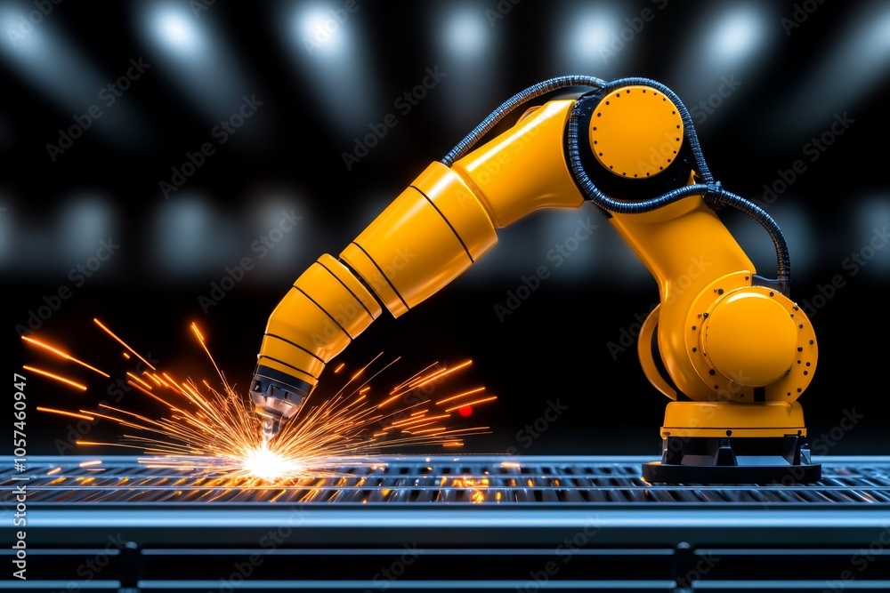 Poster industrial robotic arm welding metal with sparks flying, showcasing the power and precision of moder