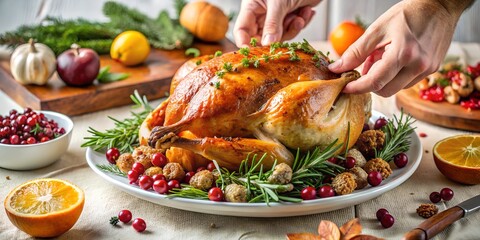 A golden roasted turkey garnished with herbs, tomatoes, and cranberries on a white platter, with hands preparing it on a wooden board, surrounded by sides and fresh ingredients.