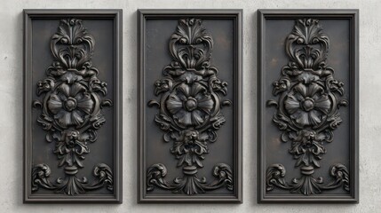 Three ornate black relief panels with floral designs on a textured background.